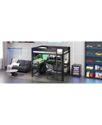 Full Size Black Gaming Loft Bed with Desk, LED Lights & Charging Station