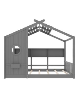 Floor House Bed Toddler Kids Montessori Bed w/ Shelf & Roof.