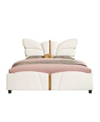 Upholstered PU Leather Bed Frame, Butterfly Headboard, Gold Metal.