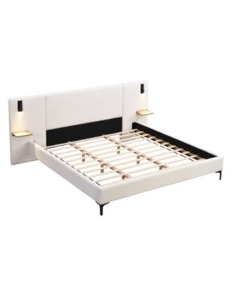 Chic Boucle Upholstered Bed with Integrated Lights and Shelves, White, King