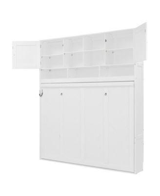 Queen Size Wall Murphy Bed with Ample Storage Space and Chevron Stripes, White