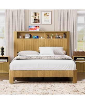 Streamdale Queen Bed Frame- Storage Headboard, Charging Station, Natural
