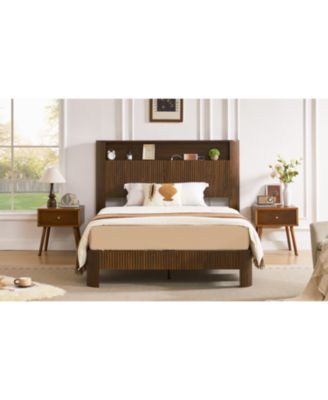 Full XL Bed Frame- Storage Headboard, Charging, Walnut