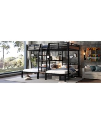 Queen/Twin/Twin Metal Bunk Bed w/ Storage - Black