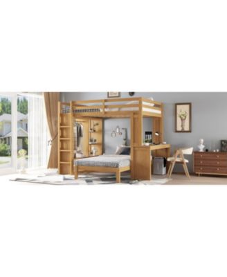  Queen over Twin Bunk Bed with Desk, Shelves & Wardrobe - Natural