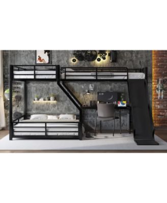 L-Shaped Twin XL/Queen Bunk Bed with Loft, Slide & USB