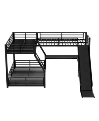 L-Shaped Twin/Full Bunk Bed with Loft, Slide & USB, Black