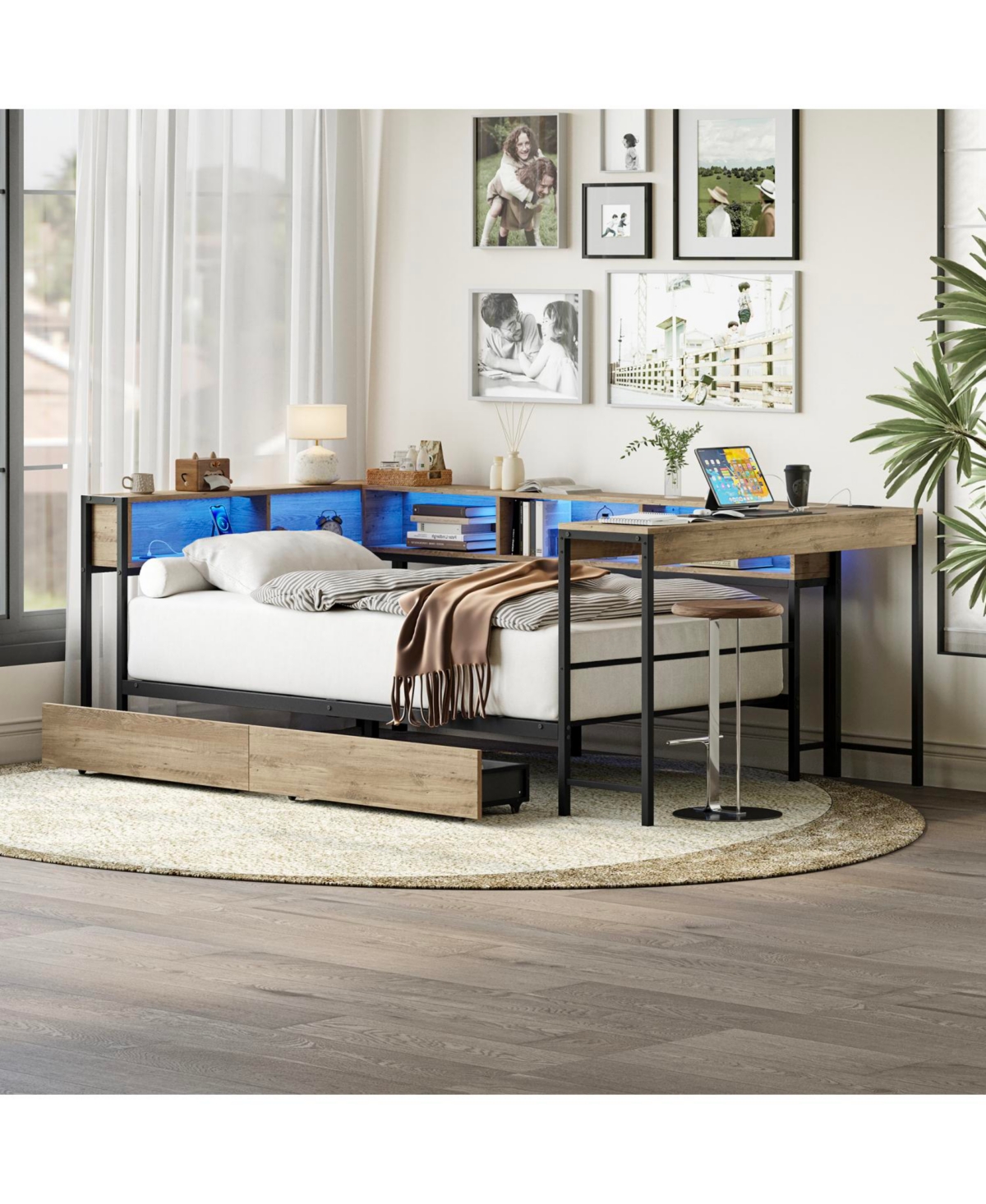 Streamdale Furniture Corner Bed Frame Twin with Bookcase, Drawers, Led, Charging, Grey