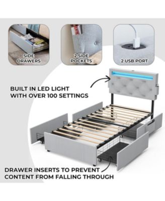 Twin Bed Frame- USB, LED, Headboard & 4 Storage Drawers