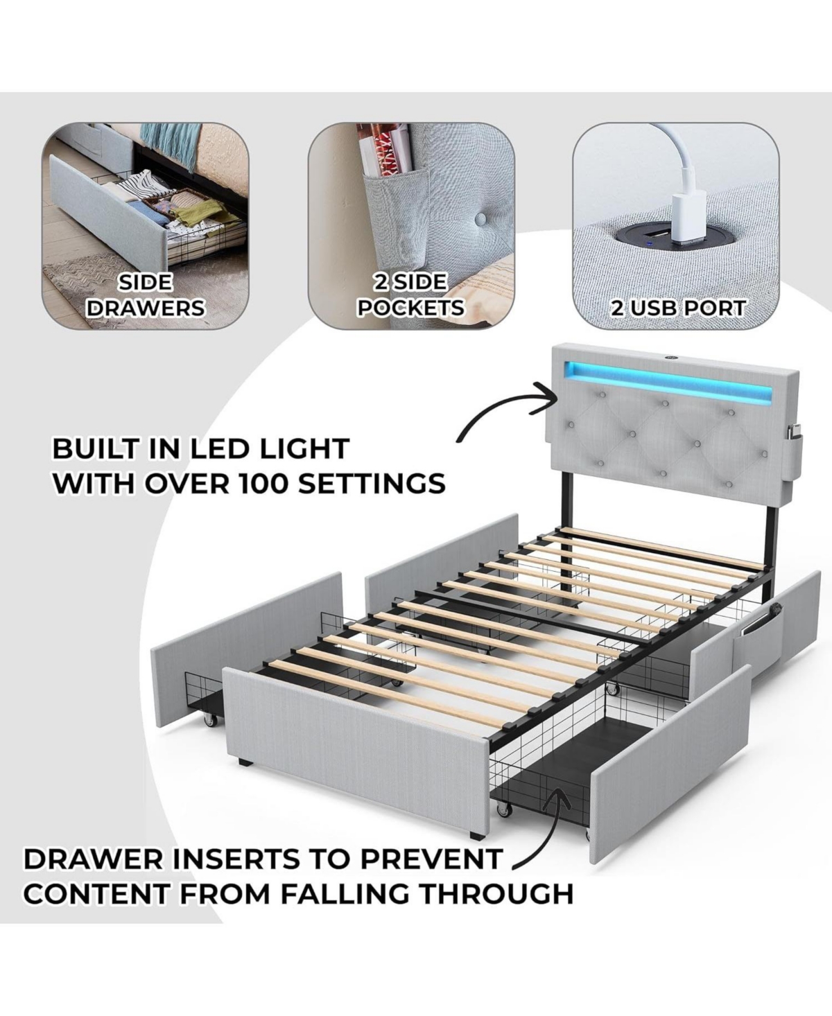 Streamdale Furniture Twin Bed Frame- Usb, Led, Headboard & 4 Storage Drawers