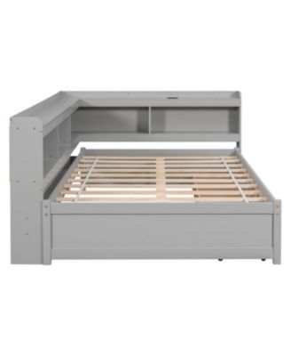 L-Shaped Bookcase Bed with Power Outlets, USB & Drawers - Grey