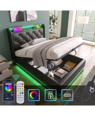 Upholstered Bed with Surround LED, Hydraulic Storage, USB-C Charging