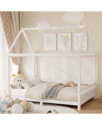 Streamdale Wood Full Size House Bed with Guardrail and LED, White