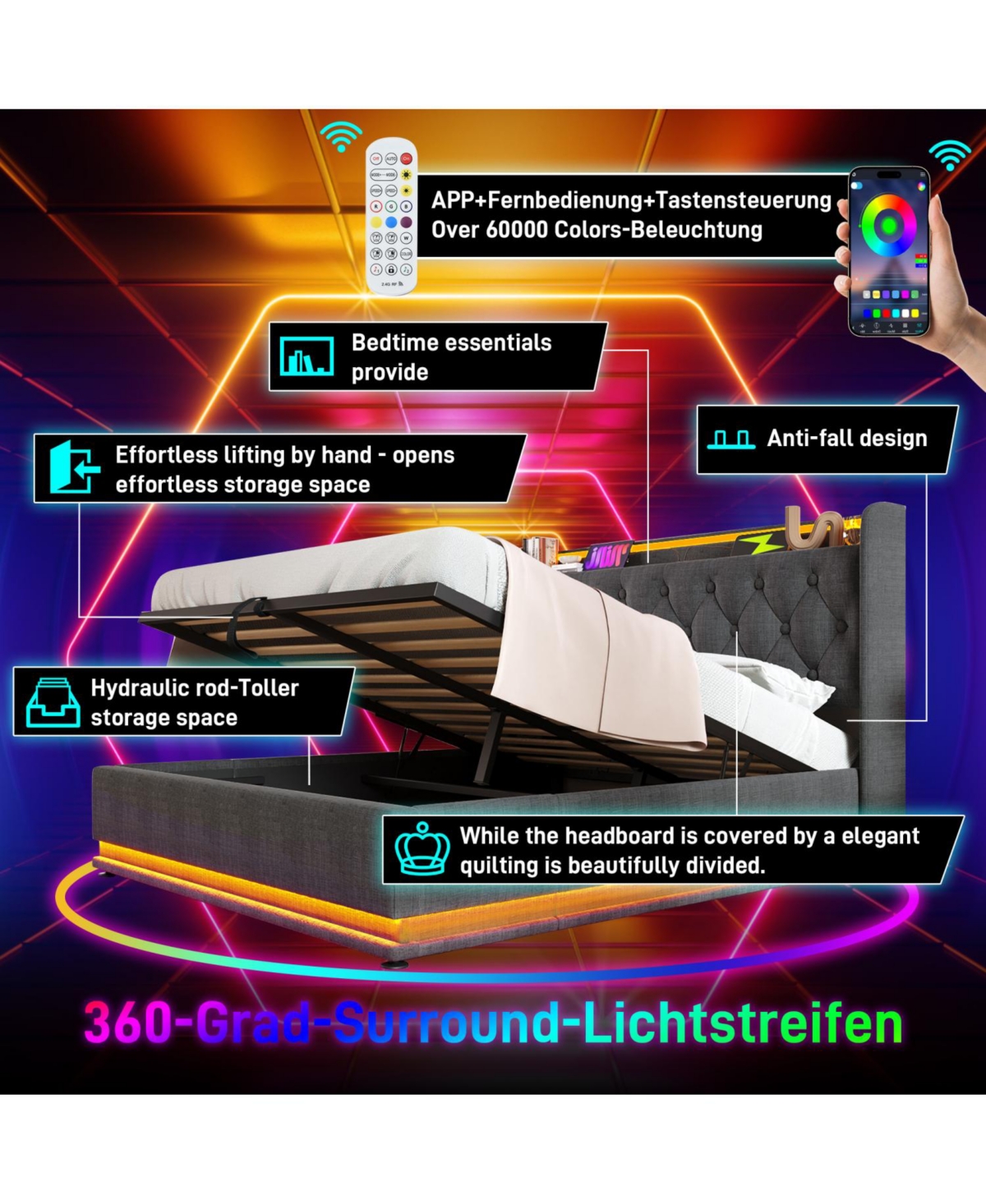 Streamdale Furniture King Upholstered Bed with 360° Led Lighting, Hydraulic Storage, and Usb-c Ports