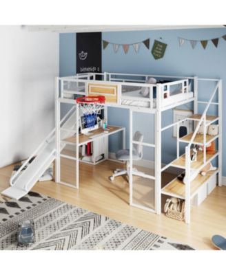 Metal Loft Bed with Desk, Wardrobe, Slide & Stairs
