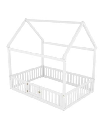 Full Size Wood House Bed with Fence and Door
