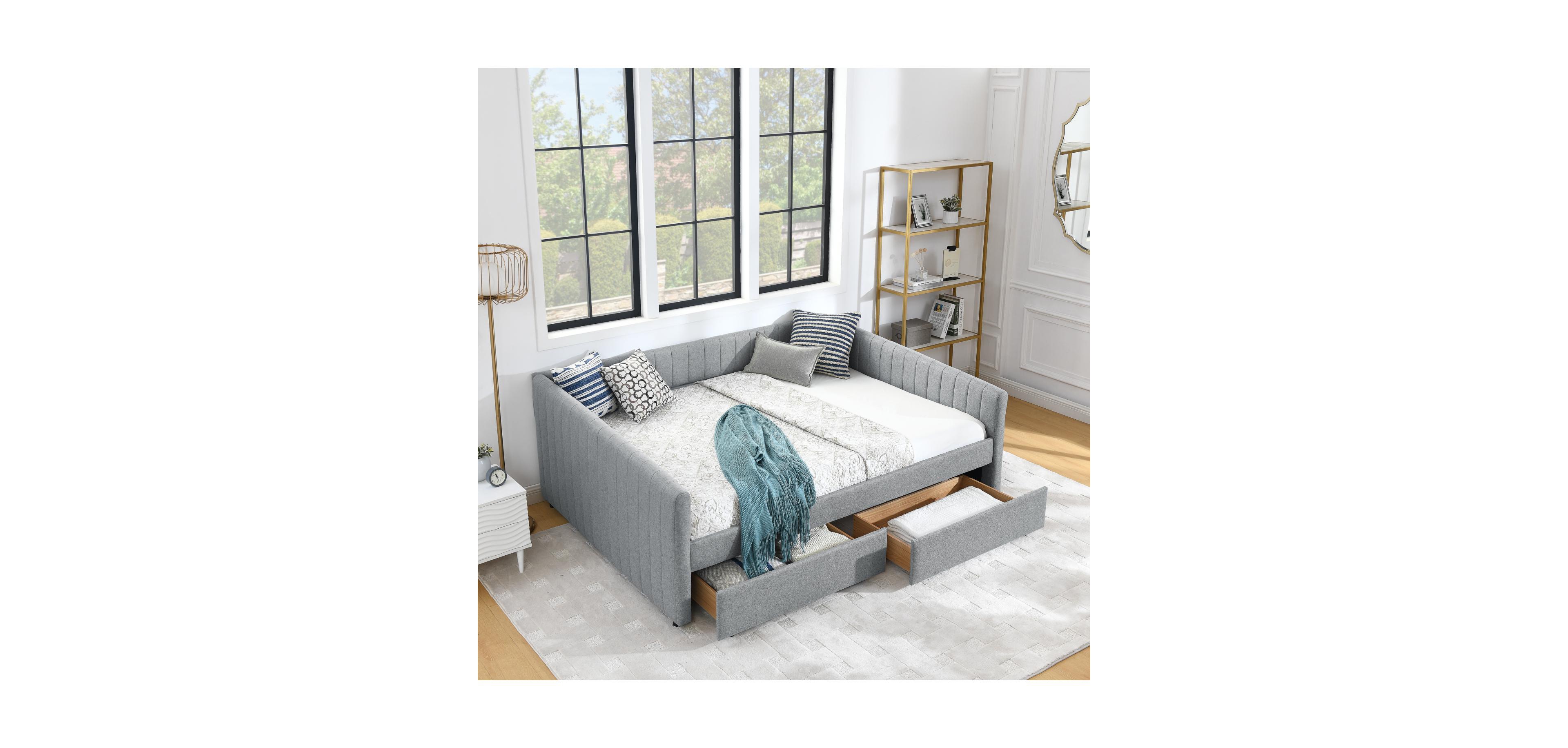 Streamdale Furniture Grey Upholstered Daybed with Storage Drawers, 86.5" x 65" x 30"