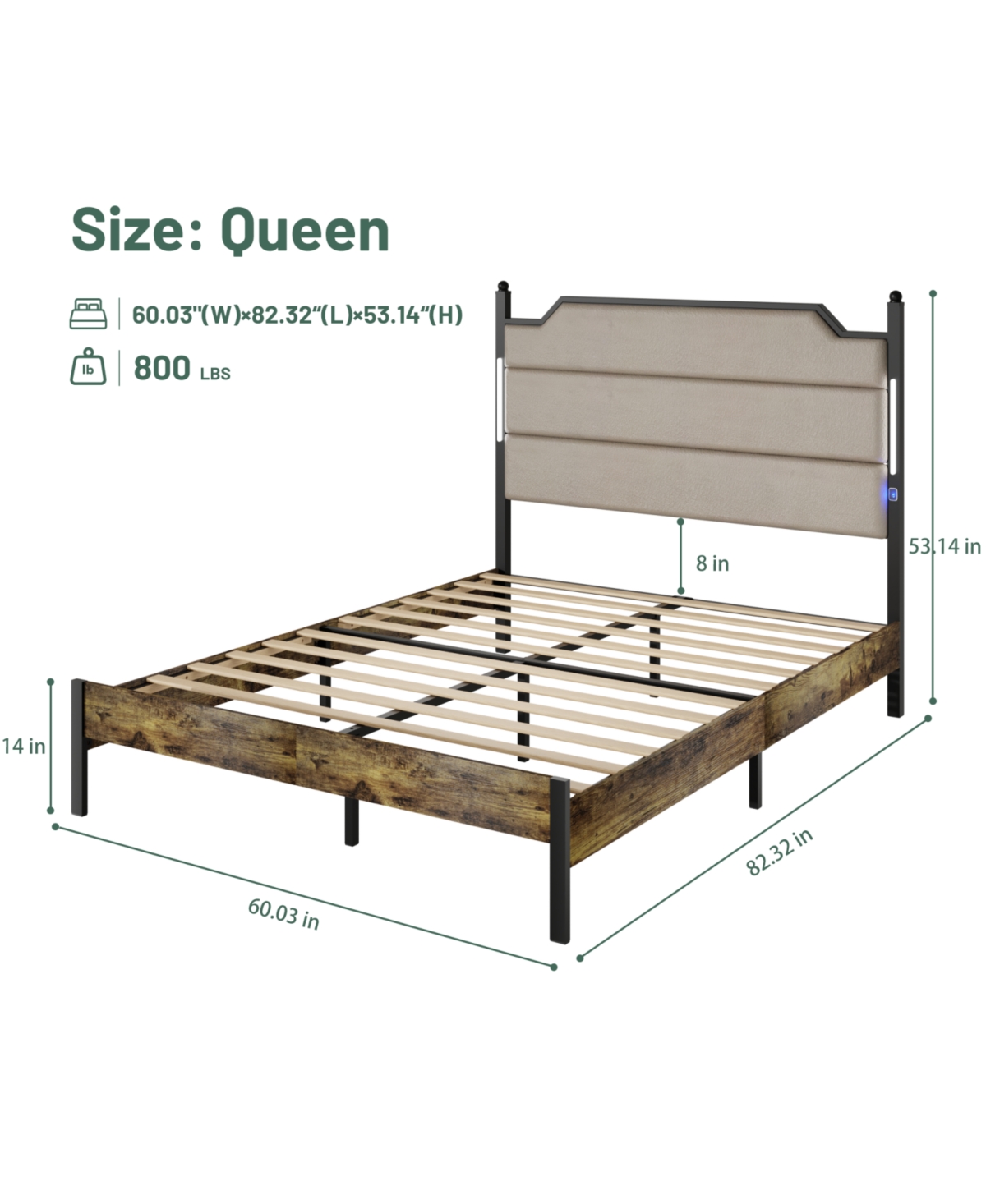 Streamdale Furniture Queen Bed Frame with Headboard, Charging Station, and Led Lights