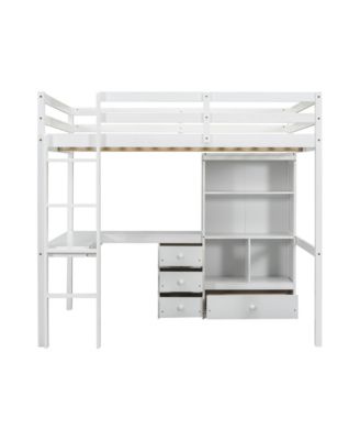  Loft Bed with Desk, Shelves, Drawers & Guardrails