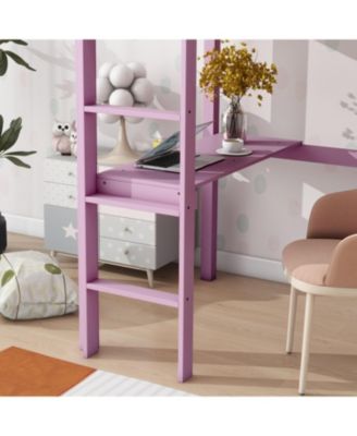 Pink Twin Loft Bed with Desk & Guardrail