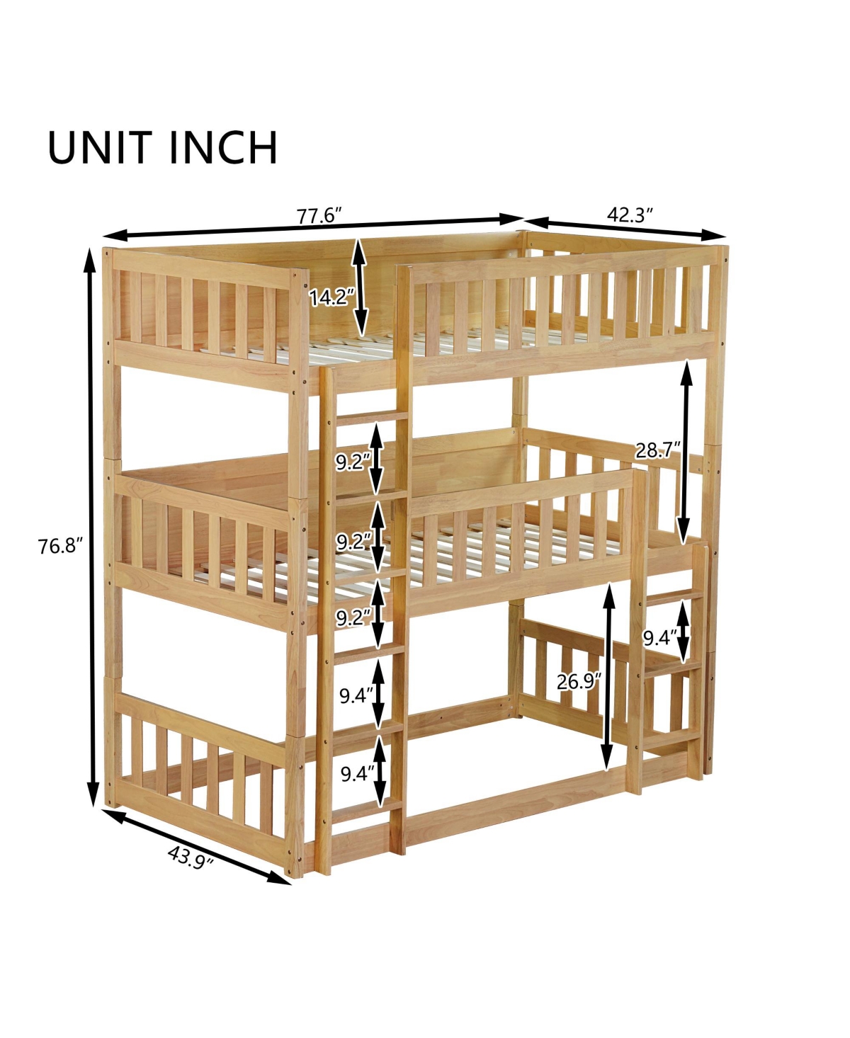 Streamdale Furniture Twin Triple Wood Bunk Bed, Ladders, Detachable