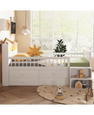 Streamdale Low Loft Bed with LED Lights, Wooden Twin Loft Bed with House Shape Headboard, Kids Loft Bed with Storage Drawers