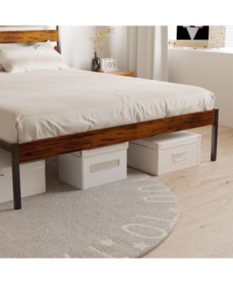 Iron Platform Bed Frame with Rustic Wood Headboard & Footboard (Queen Size) - Brown