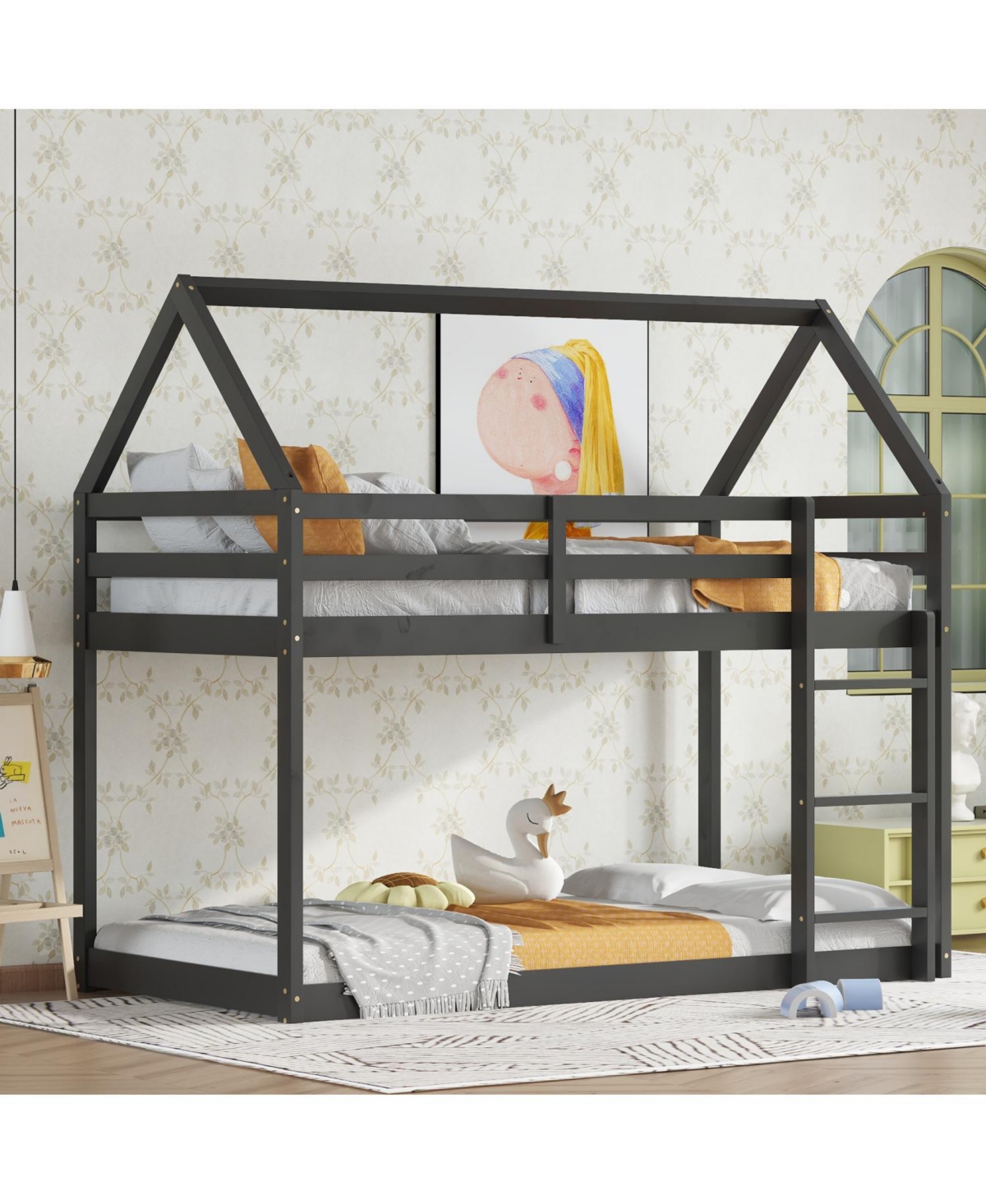 Streamdale Furniture Twin over Twin Rubber Wood Floor Bunk Bed, with ladder,Guardrails,House-Shaped