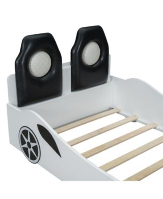  Wood Twin Size Race Car-Shaped Platform Bed with LED and Upholstered Backrest