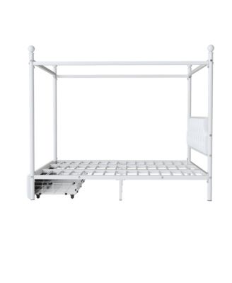 Queen Size Metal Canopy Platform Bed with Upholstered Headboard and Two Storage Drawers