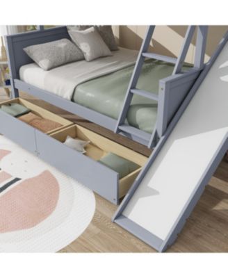 Twin over Full Bunk Bed with 2 Drawers, Slide, Shelves, Ladder, Rubber Wood Bunk Bed with Slide, Drawers