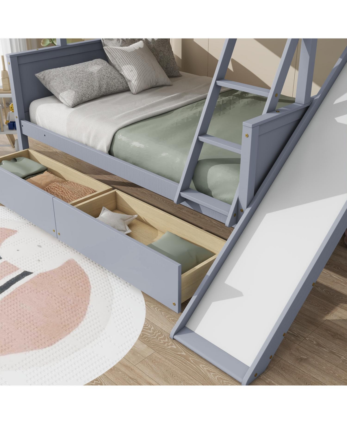 Streamdale Furniture Twin over Full Bunk Bed with 2 Drawers, Slide, Shelves, Ladder, Rubber Wood Bunk Bed with Slide, Drawers