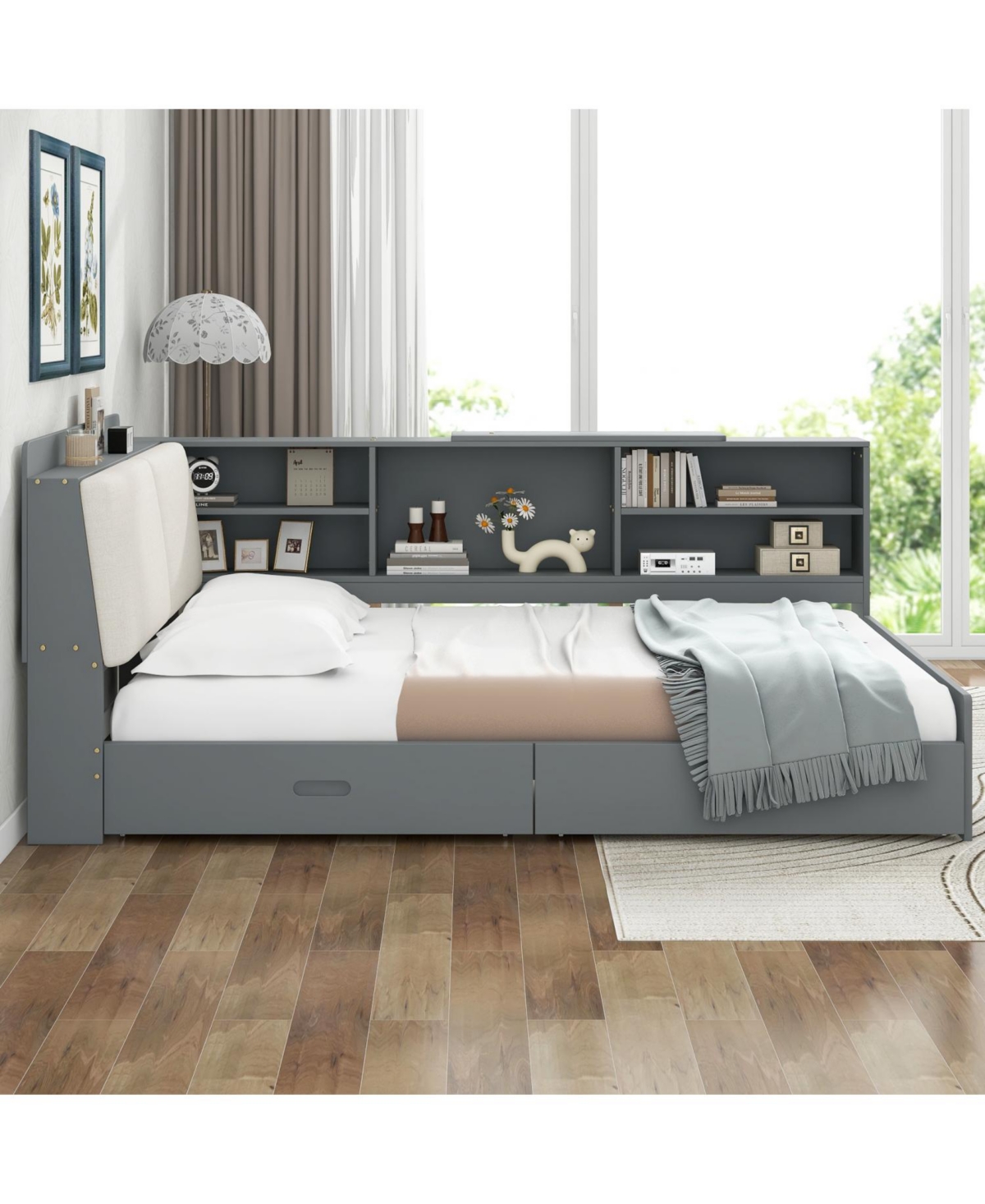 Wood Full Size platform bed with Storage Headboard, Shelves and 2 Drawers, White