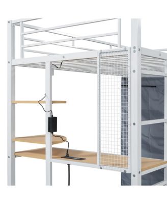 Twin Size Loft Metal Bed with Desk,Shelves,Power Outlet,LED Light and Wardrobe