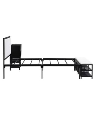 Twin size Metal Platform Bed with Two-Tier Storage Shelves, Wooden Storage Cabinet