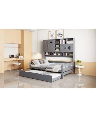 Full Size Wooden Daybed with Twin Size Trundle, and All-in-One Cabinet and Shelf.