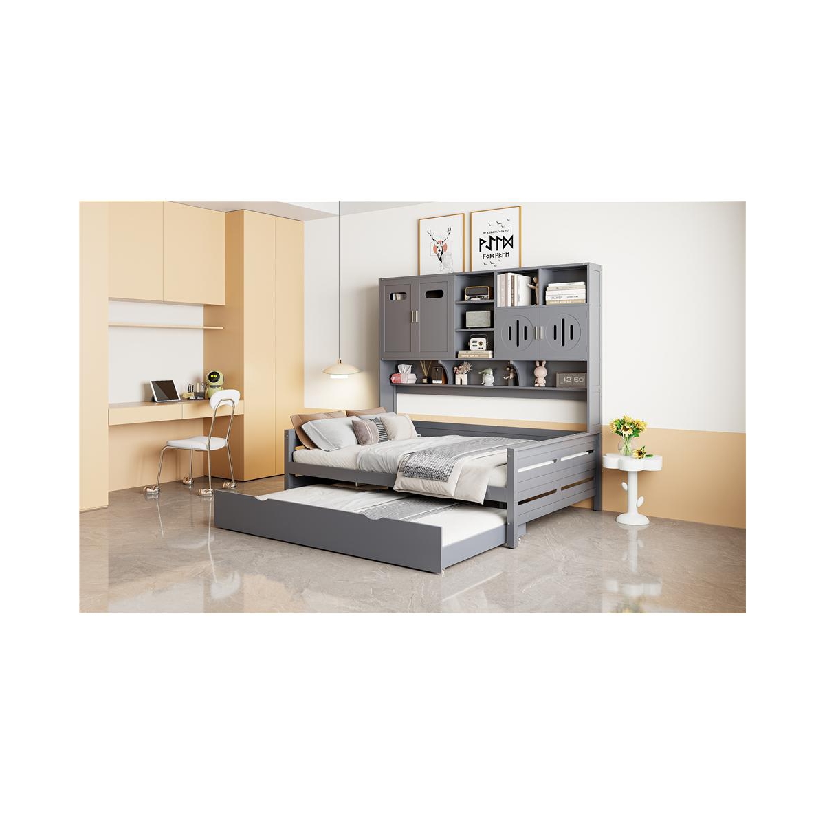 Streamdale Furniture Full Size Wooden Daybed with Twin Size Trundle, and All-in-One Cabinet and Shelf.