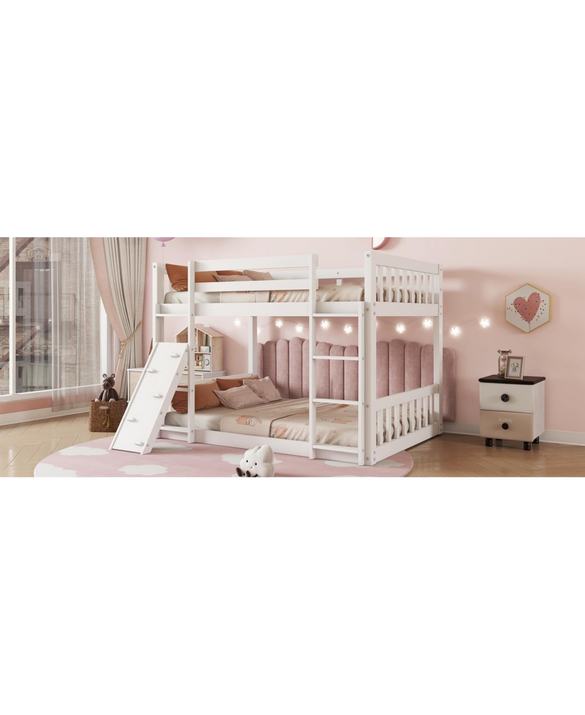 Streamdale Furniture Twin Over Twin Floor Bunk Bed, Playhouse Floor Bunk Bed with Climbing Ramp, Ladder, Safety Guardrails,White