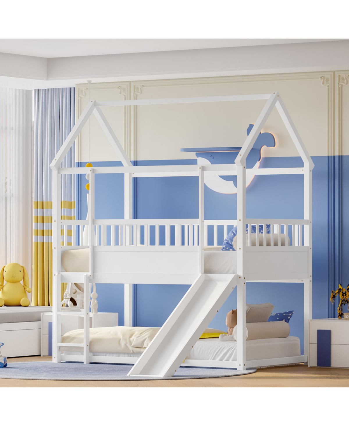 Streamdale Furniture Twin Over Twin Wood Bunk Bed with Convertible Slide, Ladder & Safety Guardrail