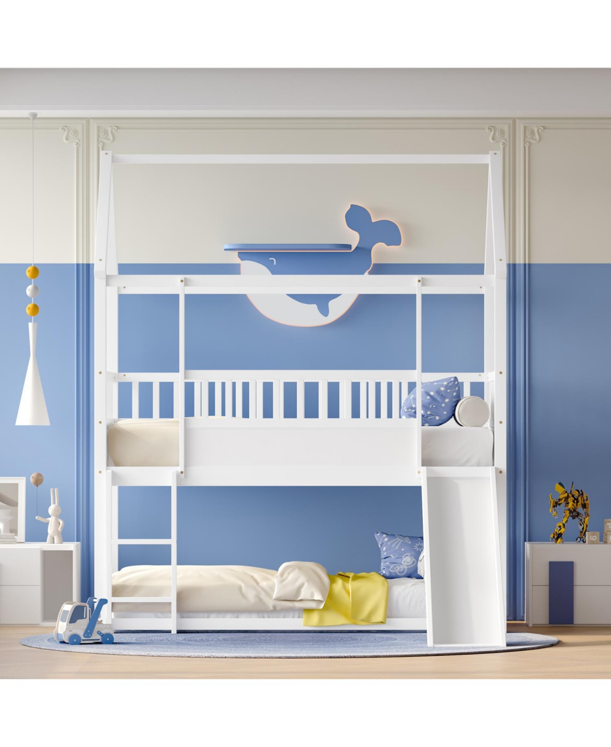 Streamdale Furniture Twin Over Twin Wood Bunk Bed with Convertible Slide, Ladder & Safety Guardrail