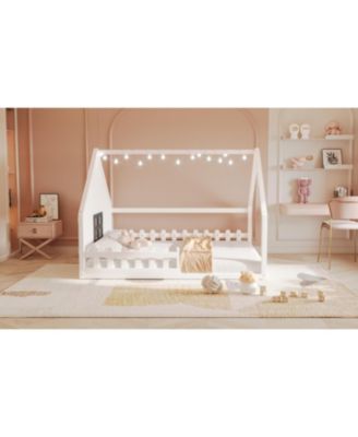 Full Size Wood House Bed with Window and Fence.