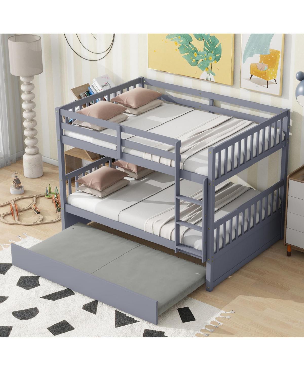 Streamdale Furniture Gray Rubber Wood Bunk Bed with Trundle, Ladder, Guardrails & Convertible to 2 Full Beds