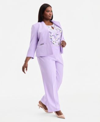 Plus Size 3/4-Sleeve Seamed Crepe Open-Front Jacket & Stretch Crepe Fly-Front Trousers