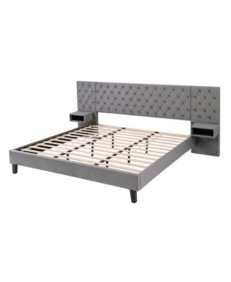 Streamdale Grey Velvet Platform Bed with Headboard, 2 Nightstands & Diamond Tufting