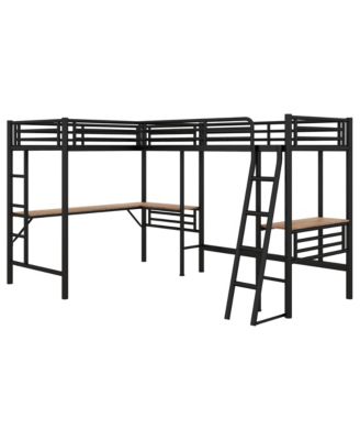 Twin Size Metal Loft Bed with Two Built-in Desks