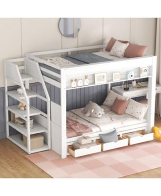 Streamdale Wood Full Size Convertible Bunk Bed with Storage Staircase, Bedside Table, and 3 Drawers, White