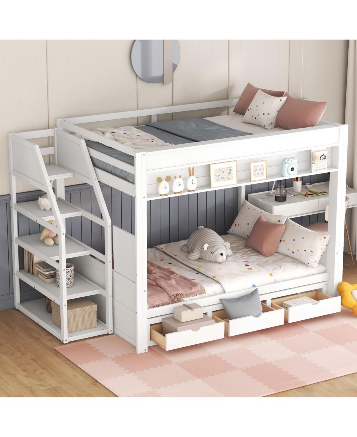 Streamdale Furniture Wood Full Convertible Bunk Bed with Storage Staircase, Bedside Table, and 3 Drawers, White