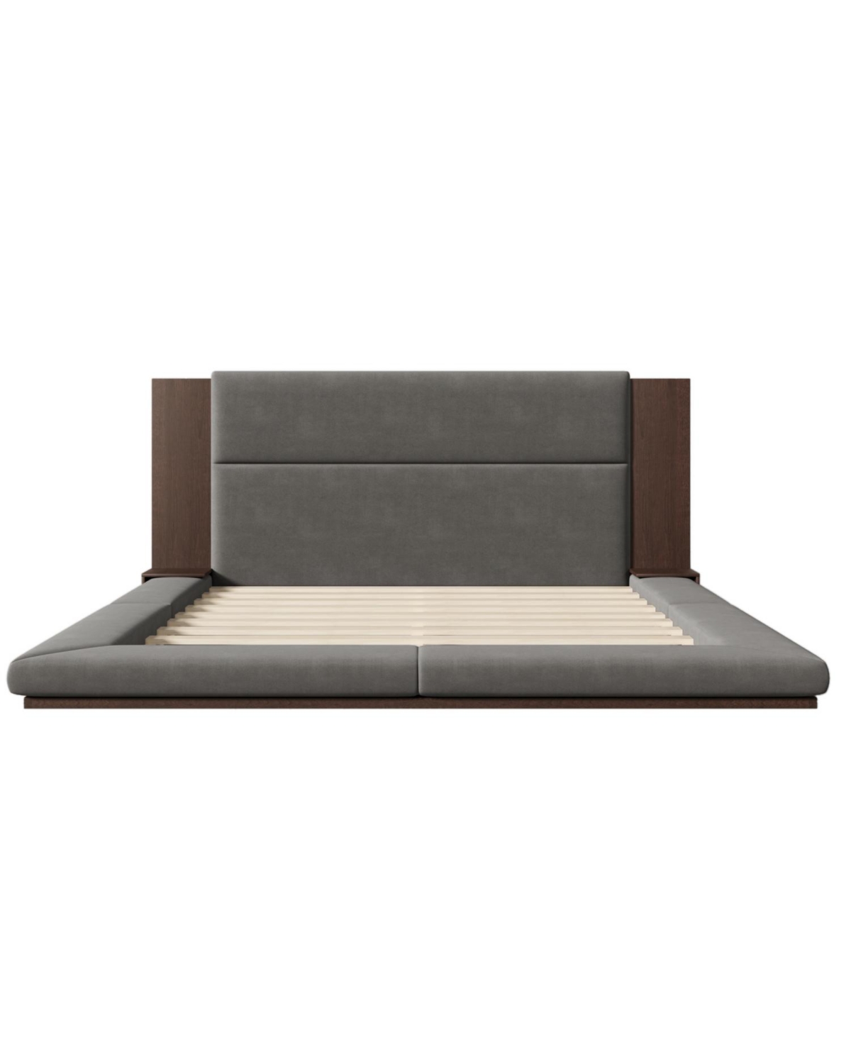 Streamdale Furniture Streamdale Floor Upholstered Platform Bed with Extended Wood Headboard & Bedside Shelf,No Box Spring Needed,King Size