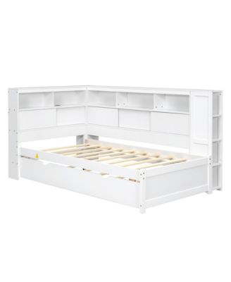 Twin Size Wood Daybed with Storage Shelves, USB and Trundle