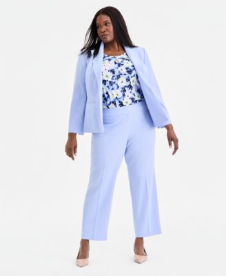 Plus Size Seamed Crepe One-Button Blazer, Pleat-Neck Sleeveless Floral Top & Stretch Crepe Flat-Front Trousers
